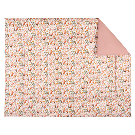 Boxkleed Dees met een bloemenprint in warme kleuren zoals dieprood, goudgeel, warm roze, oud groen en een achterkant in uni oudroze