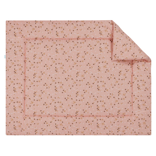 Boxkleed met dubbelzijdige print van bloemetjes in camel, wit en bruin op een donker peach oranje roze kleurige ondergrond.