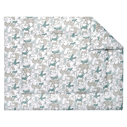 Boxkleed Safari met wilde dieren in grijs en groen op een witte ondergrond.