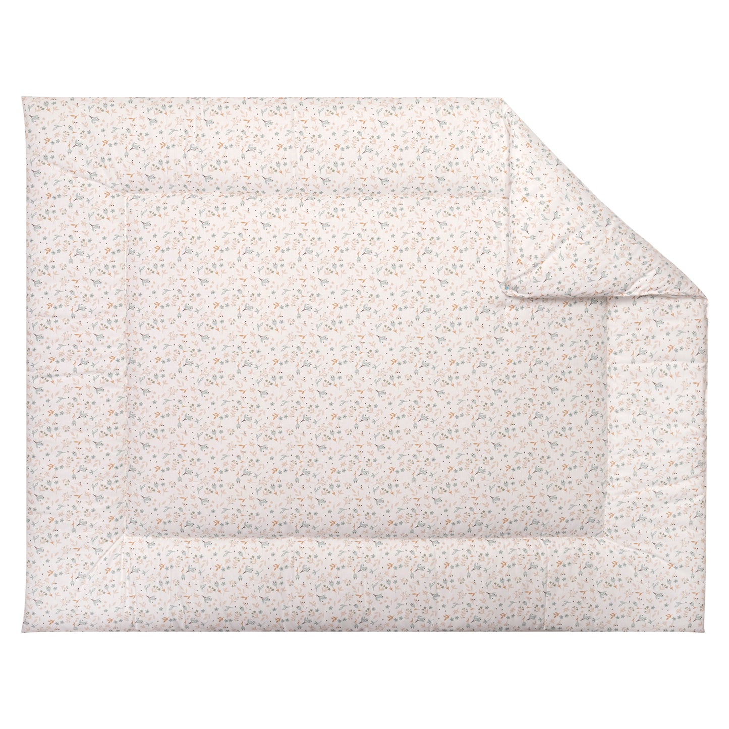Boxkleed Blossom met een neutrale bloemenprint in zachte kleuren zoals beige, groen en caramel op een ecru ondergrond.