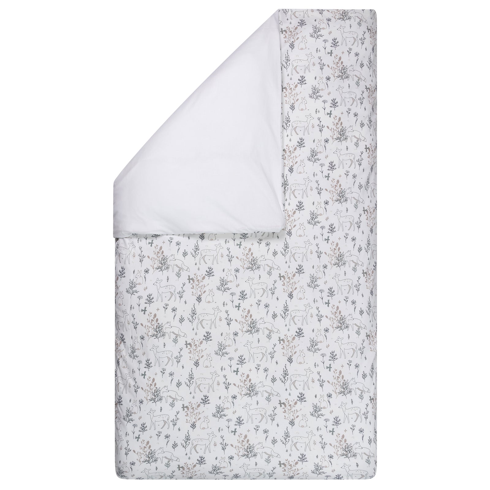Dekbedovertrek Bas zonder sloop heeft een mooie print met lieve konijntjes, hertjes en vossen met takken in donkergrijs, lichtgrijs en beige
