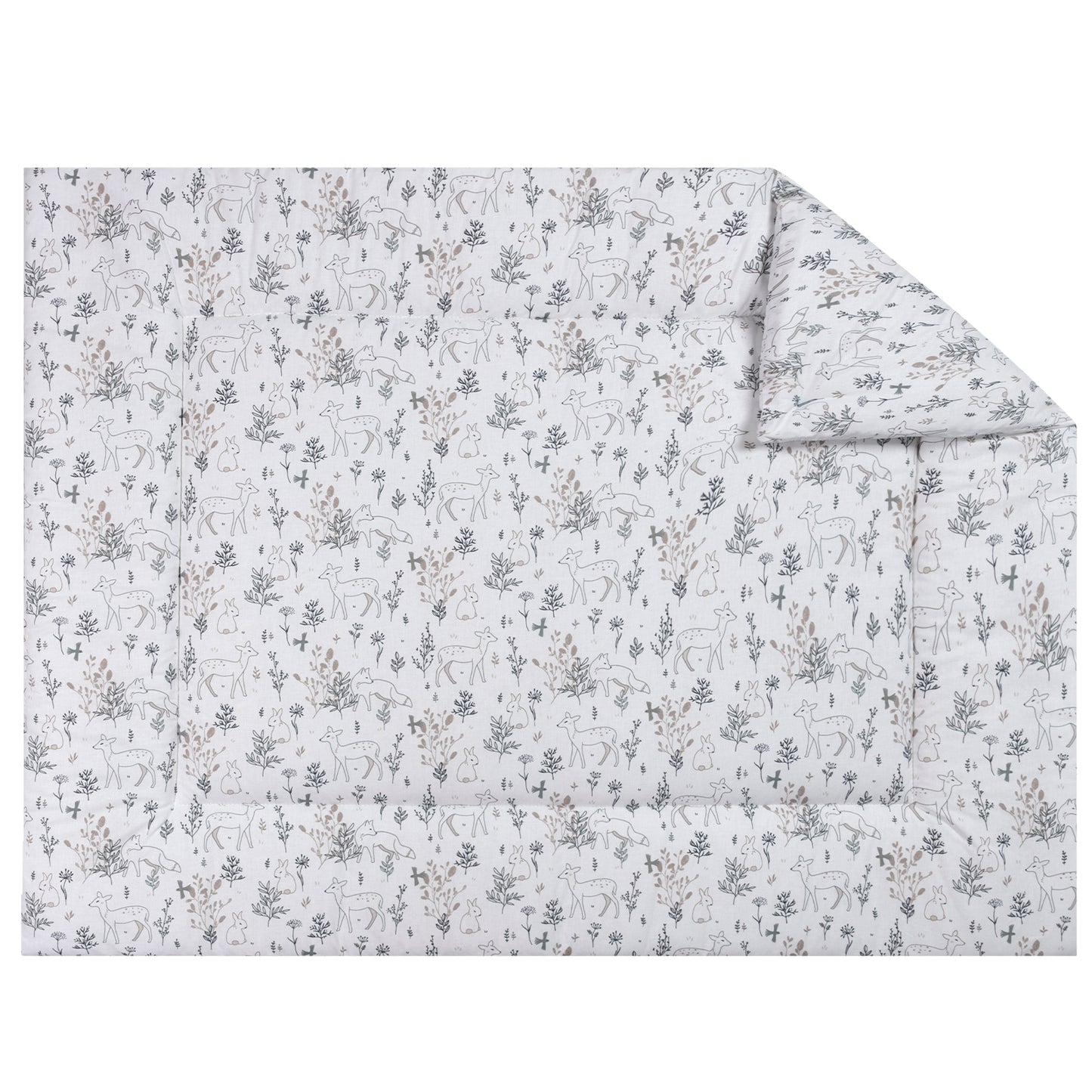 Boxkleed Bas heeft een lieve print met hertjes, vosjes en konijntjes in het bos. Het dessin heeft zachte tinten beige en grijs op een witte ondergrond.