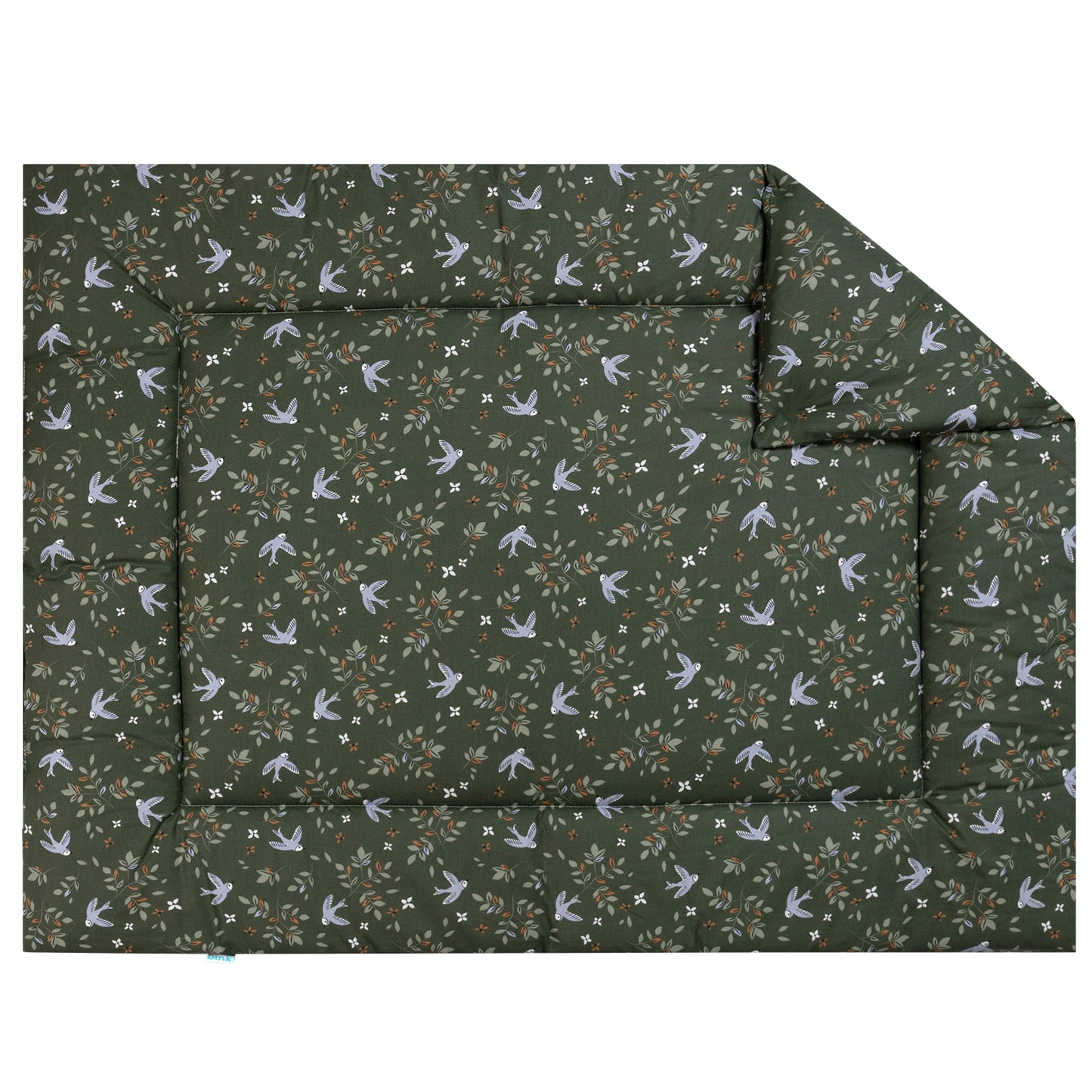 Boxkleed Merel heeft warme uitstraling door de mooie print met bloemen en vogels in lila, licht groen en camel op een donkergroene ondergrond.
