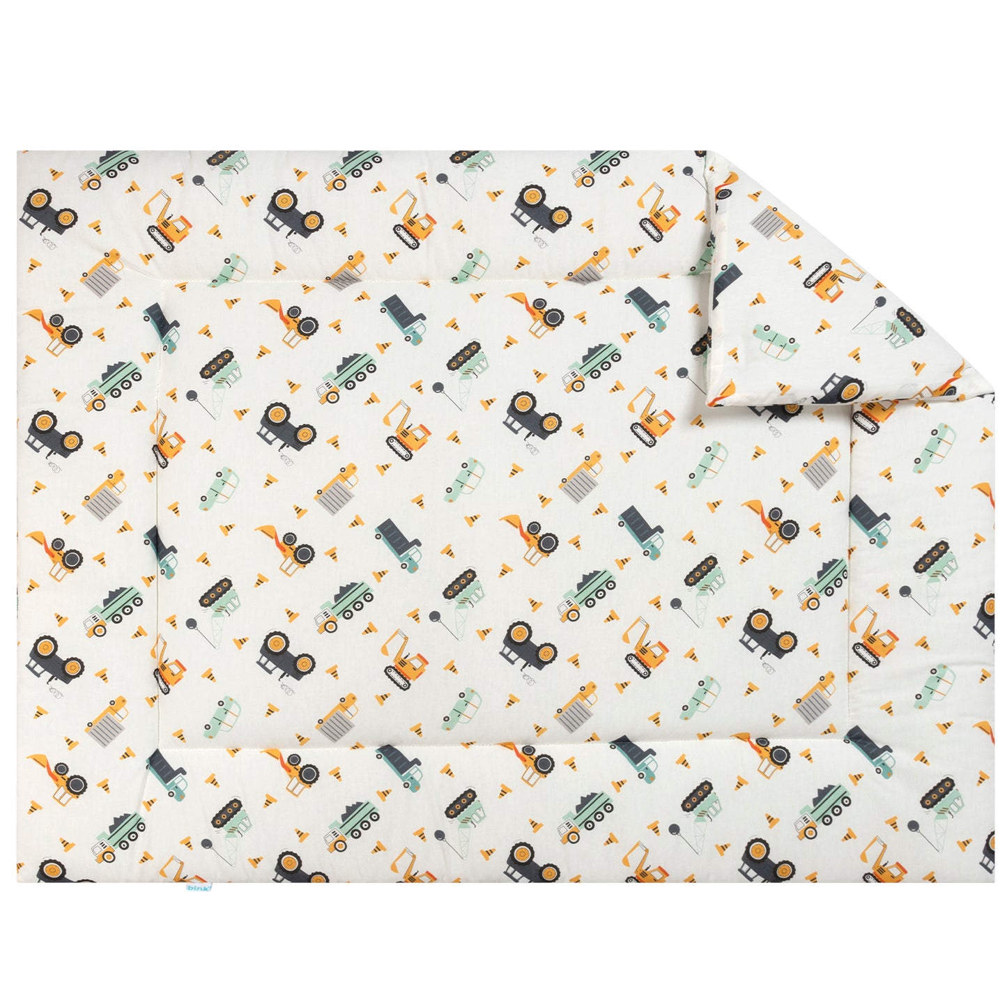 Boxkleed Bram met een heeft een leuke voertuigen print in de kleuren licht grijs, donkergrijs, oranje, geel en mintgroen op een ecru ondergrond.