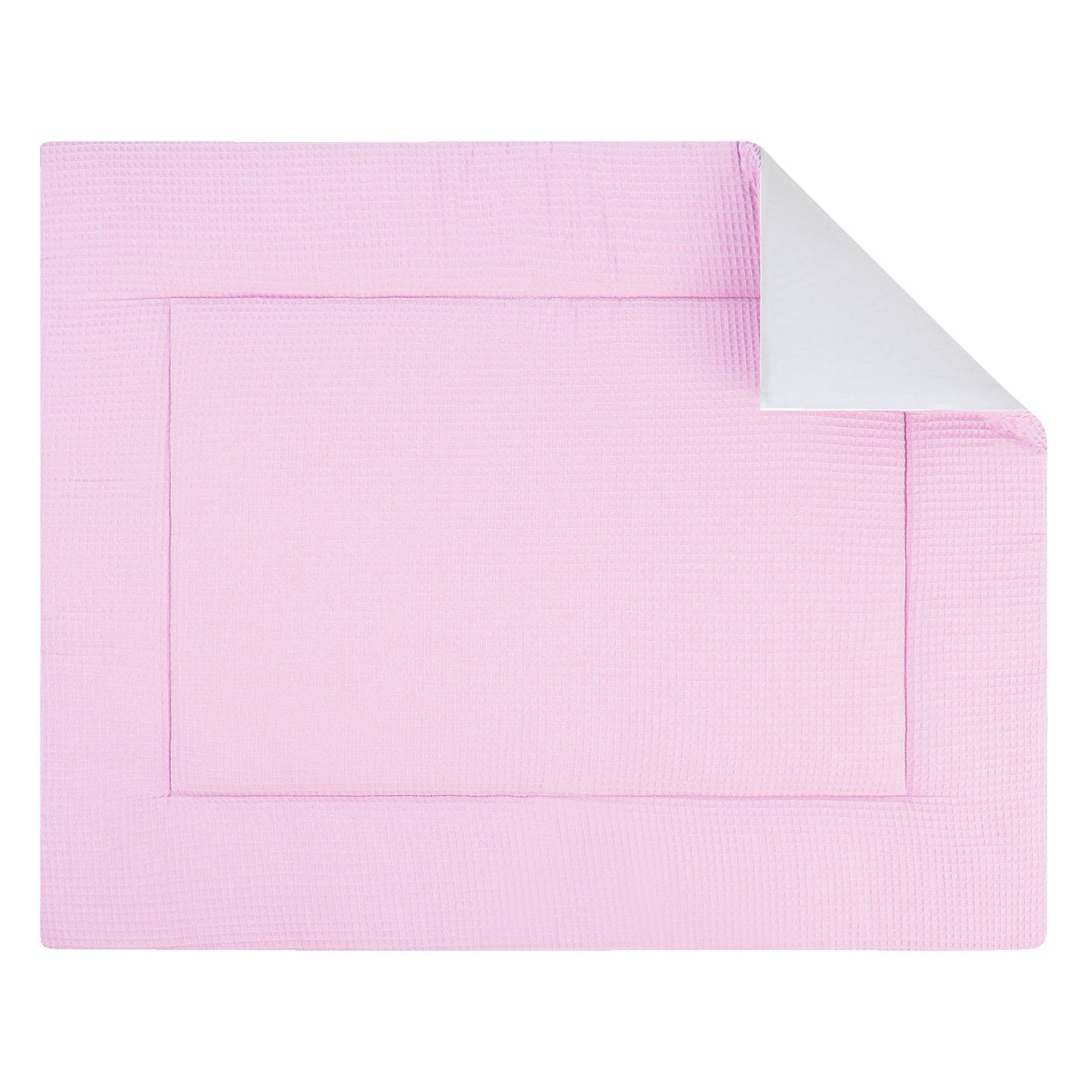 Boxkleed met aan de ene kant een zachte wafelstof van 100% katoen in roze en een uni witte achterkant.