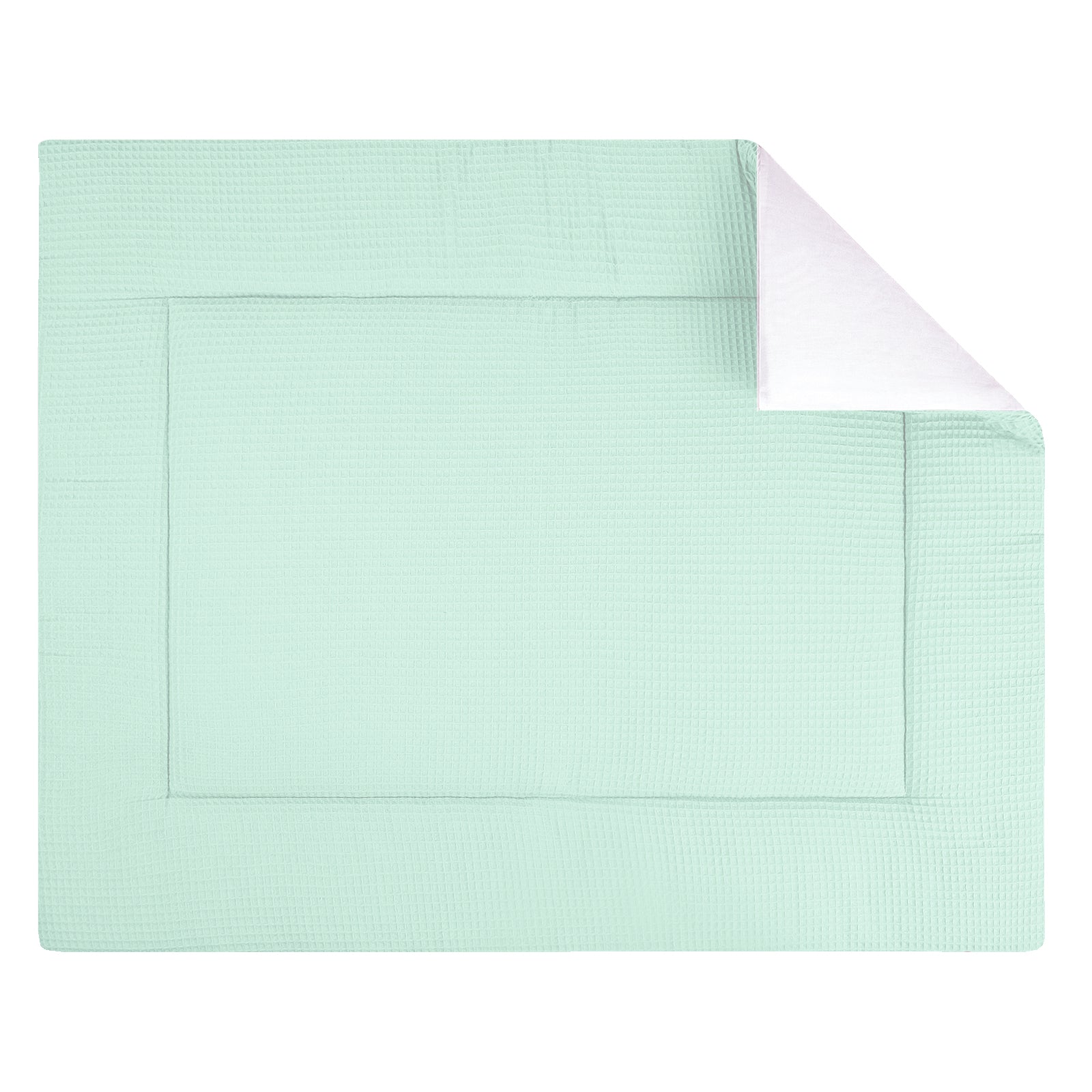 Boxkleed met aan de ene kant een zachte wafelstof van 100% katoen in mintgroen en een uni witte achterkant.