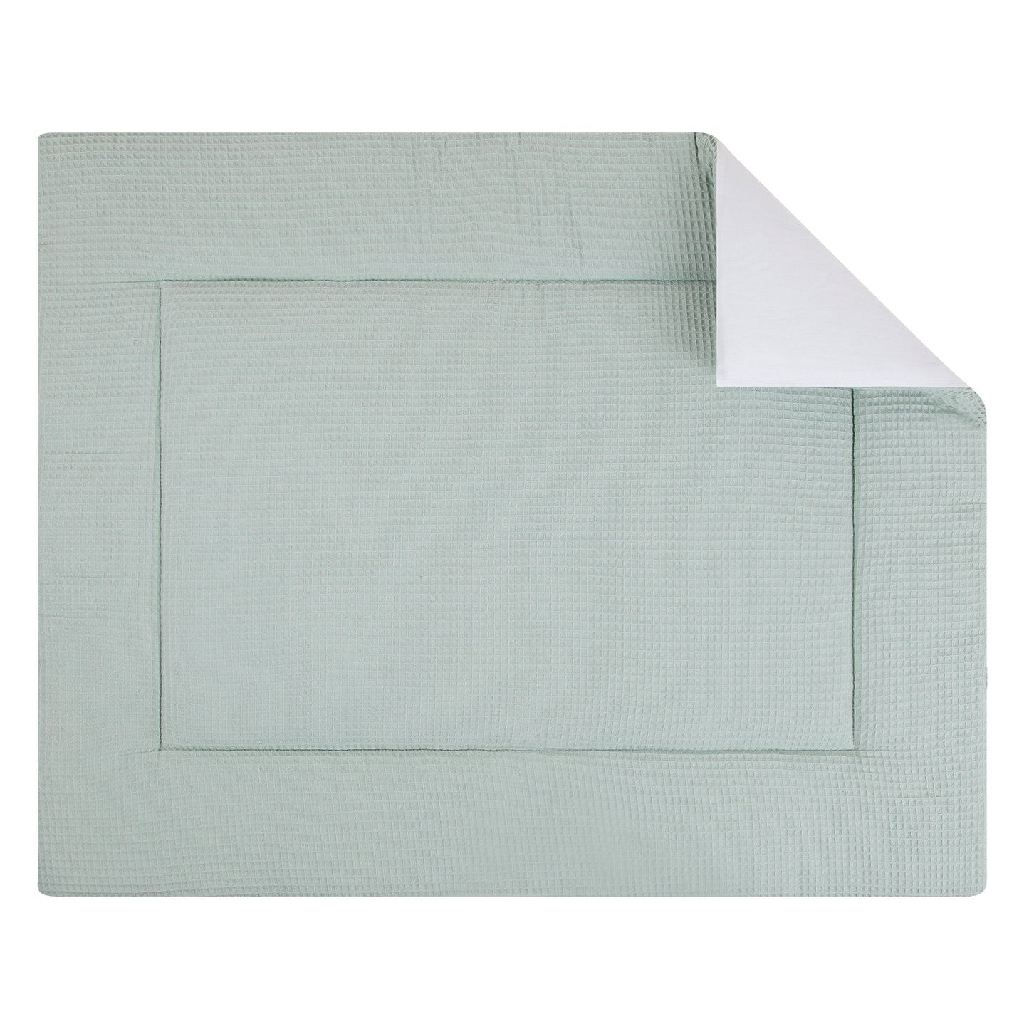 Boxkleed met aan de ene kant een zachte wafelstof van 100% katoen in olijfgroen/oudgroen en een uni witte achterkant.