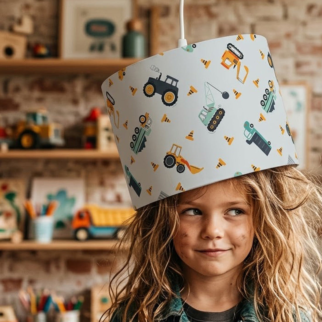 Stoer meisje met lampenkap Bram van BINK Bedding op haar hoofd
