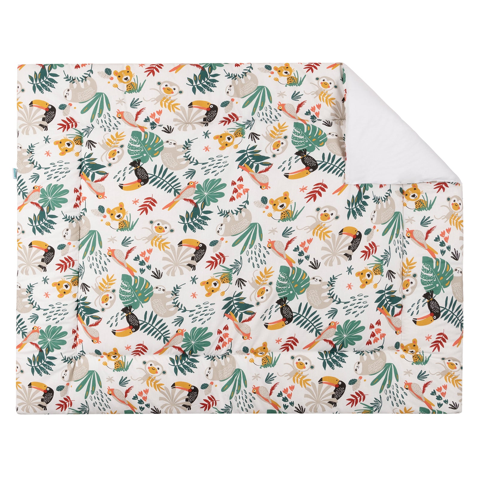 Boxkleed met vrolijke print van jungledieren in frisse kleuren op een witte ondergrond.