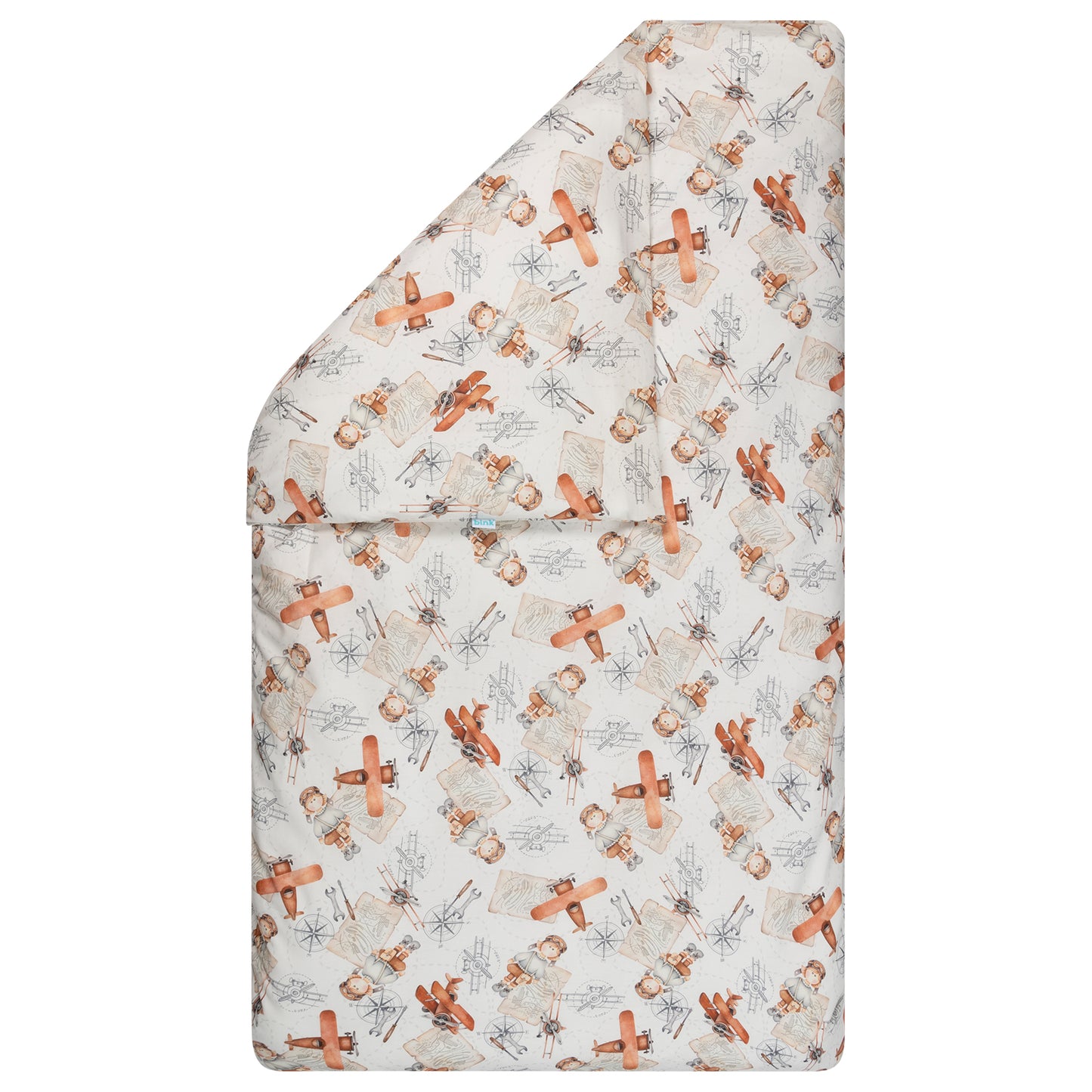 Dekbedovertrek Raf zonder sloop heeft aan beide zijde de leuke print met een handige piloot en vliegtuigen. De warme kleuren terra, oranje, beige en grijs op een ecru ondergrond geven dit leuke dekbedovertrek een rustige look.