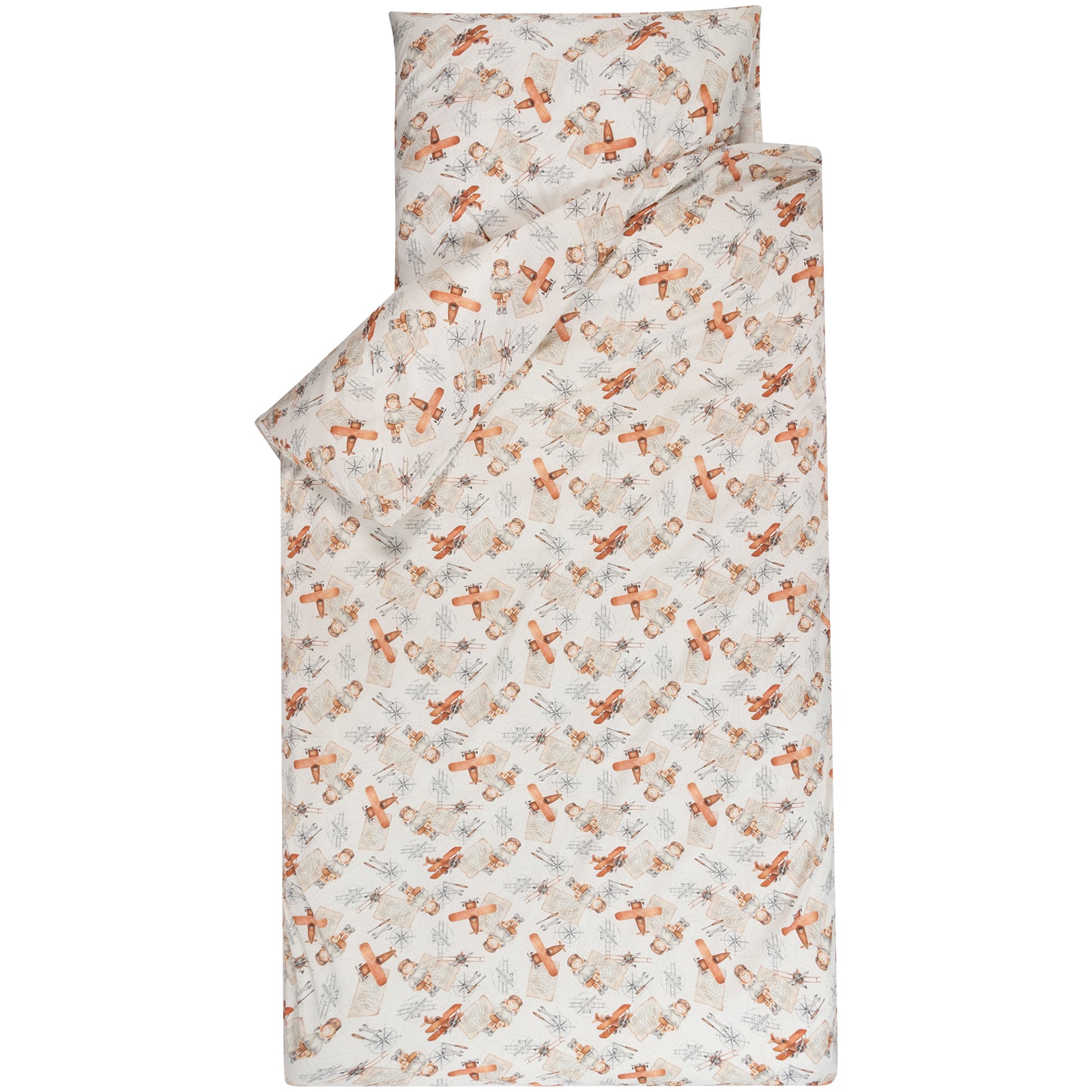 Dekbedovertrek Raf met sloop heeft aan beide zijde de leuke print met een handige piloot en vliegtuigen. De warme kleuren terra, oranje, beige en grijs op een ecru ondergrond geven dit leuke dekbedovertrek een rustige look.