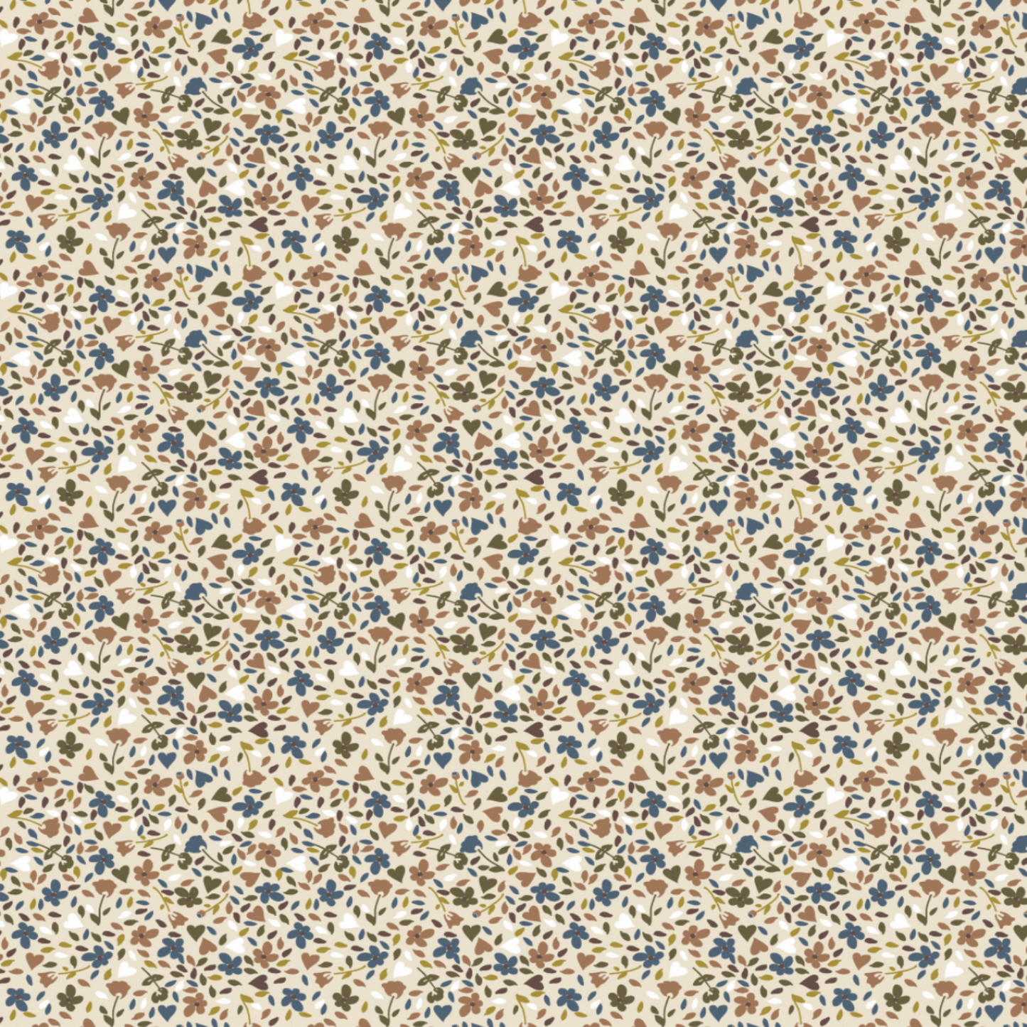 Detail van dessin - geprinte bloemenprint Boxkleed Holly - beige met blauw en caramel.