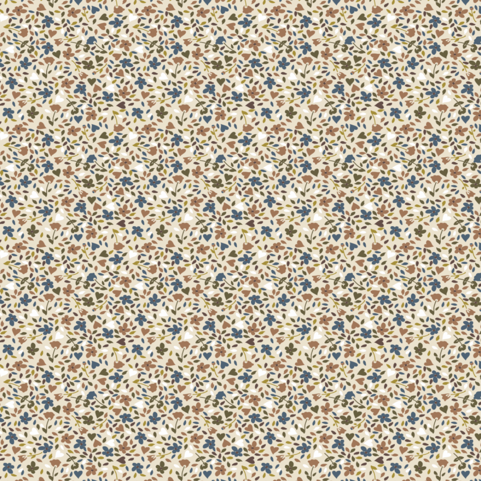 Detail van dessin - geprinte bloemenprint Boxkleed Holly - beige met blauw en caramel.