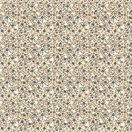 Detail van dessin - geprinte bloemenprint Boxkleed Holly - beige met blauw en caramel.